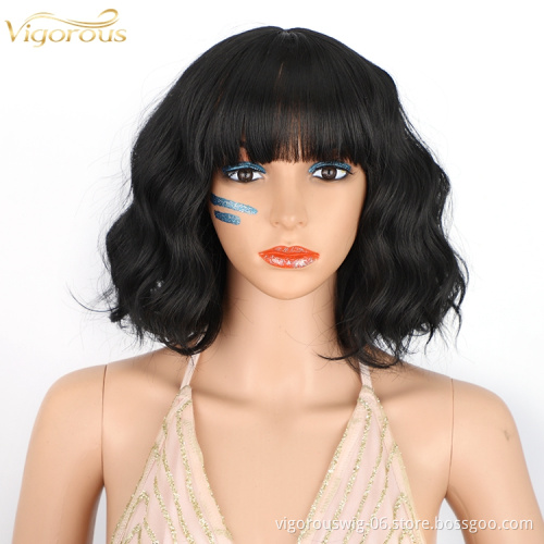 Top Sale Vendor Short Wavy Wig Bangs Synthetic Wigs for Women Natural Color Hair Bob Wigs Heat Resistant Fiber
